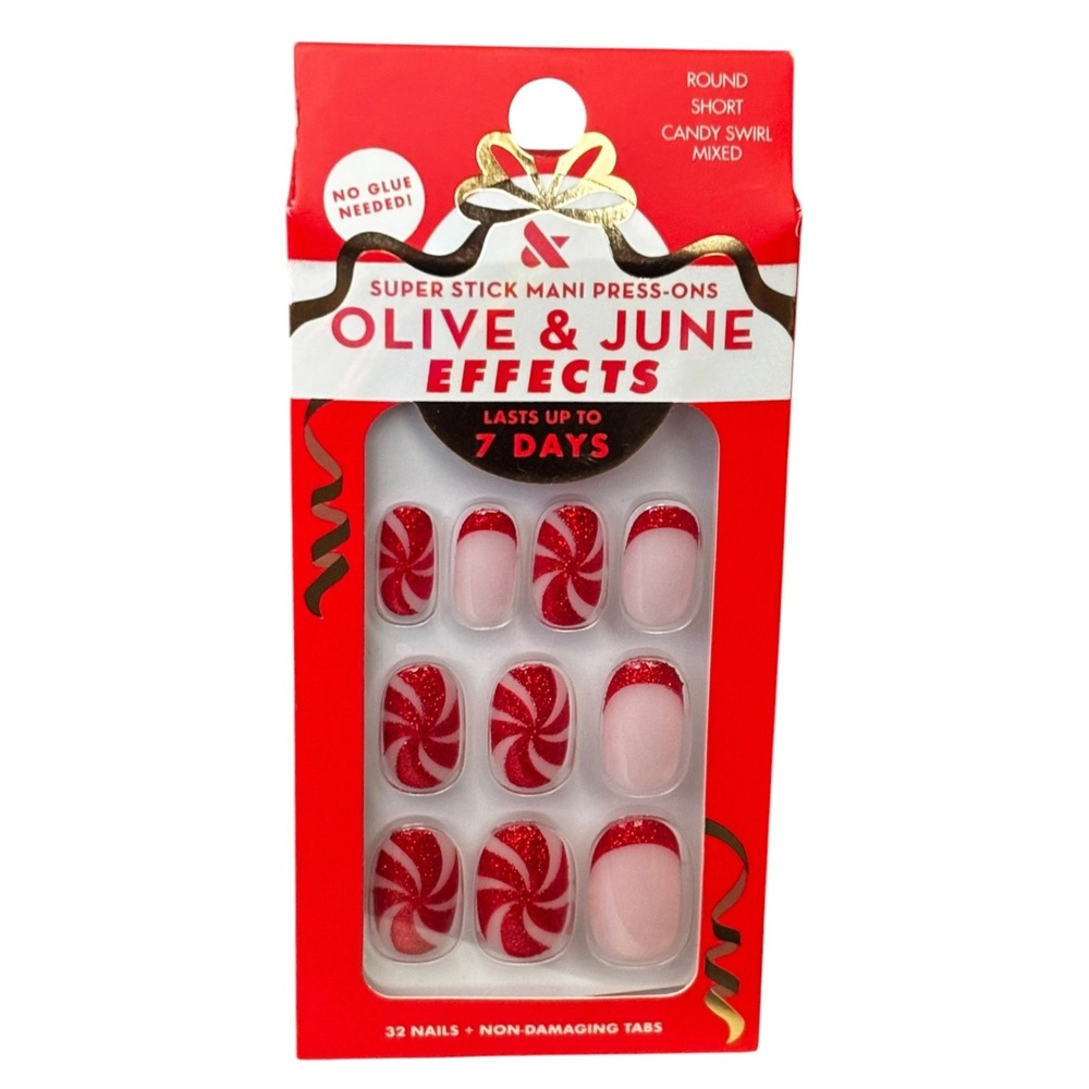 Olive & June Candy Swirl Mixed Super Stick Mani Press On Nails Round Short 32ct